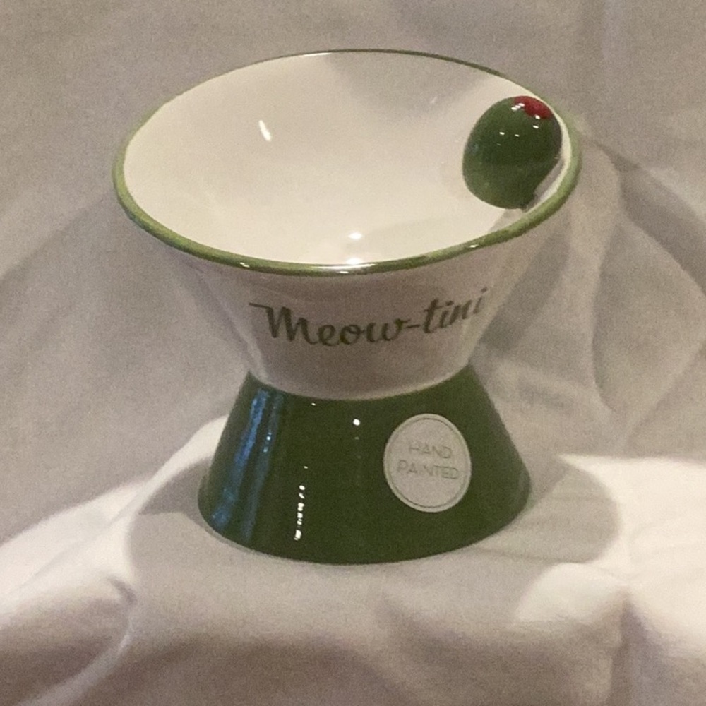 Green Meow-tini Ceramic Cat Bowl